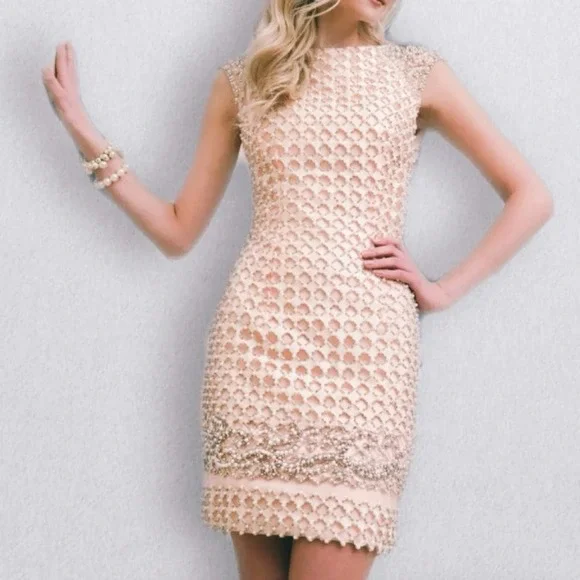 Jovani Dresses Jovani Pearl Rhinestone Lattice Shell Blush